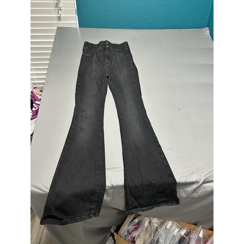 Free People Sz 27 Flare Leg Jean Bell Bottom Low Rise Grunge Hippie Washed Black